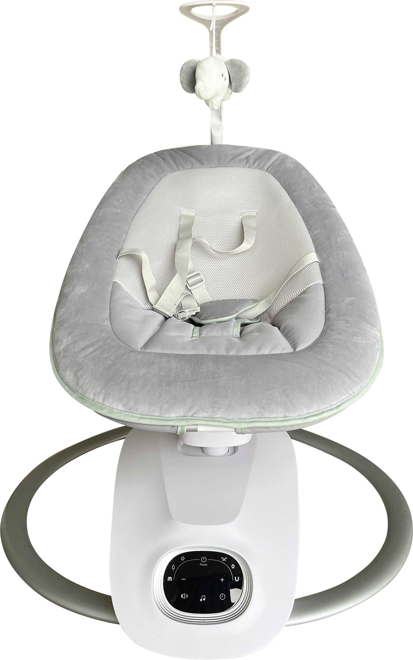 En babygungstol med en stoppad sits, säkerhetsselar och en digital kontrollpanel, konstruerad för att lugna och ge komfort.