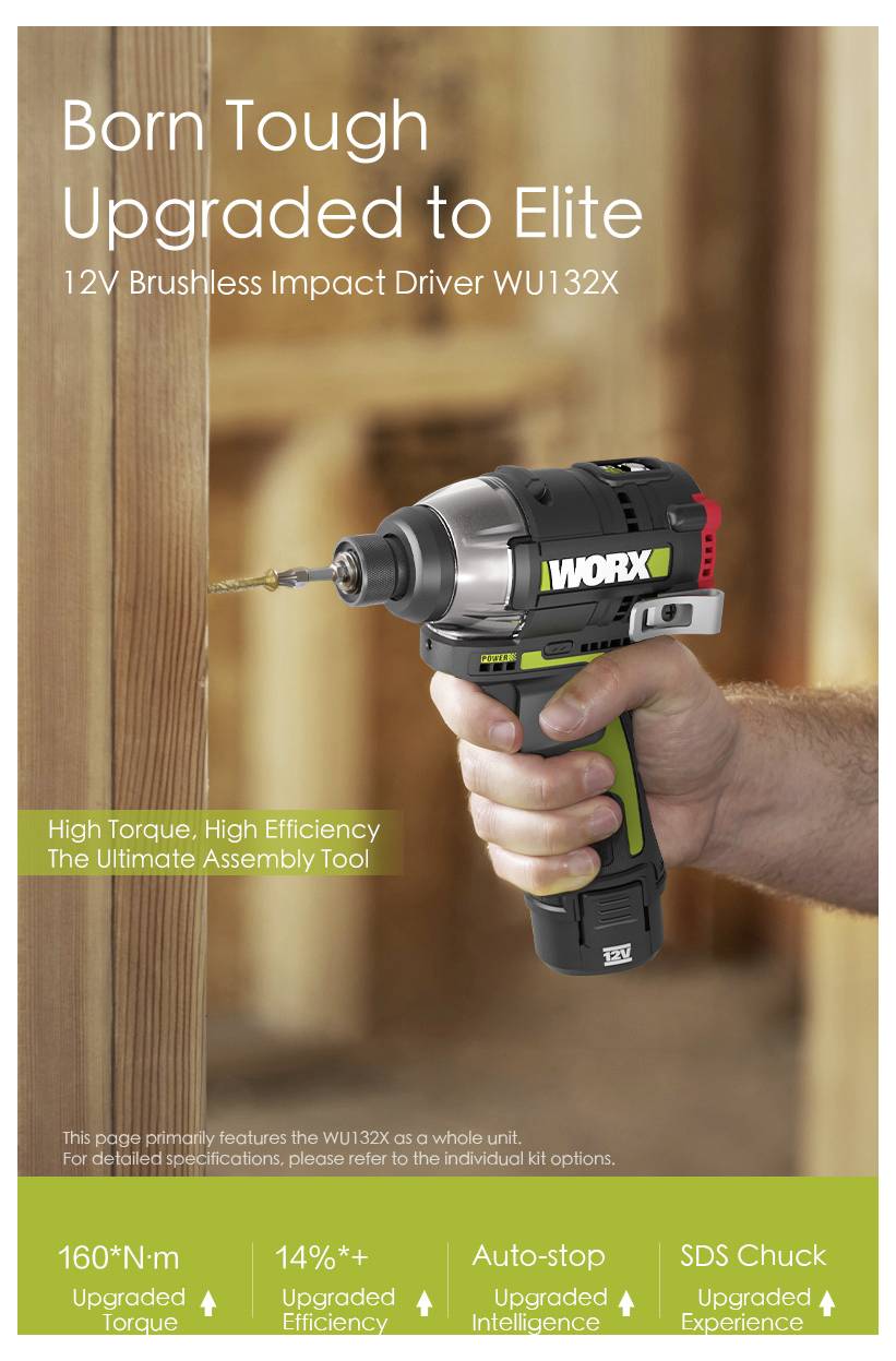 'Person som använder en WORX WU132X 12V bortslipad slagdriven skruvdragare på trä, med fokus på högt vridmoment, effektivitet och intelligenta funktioner.'