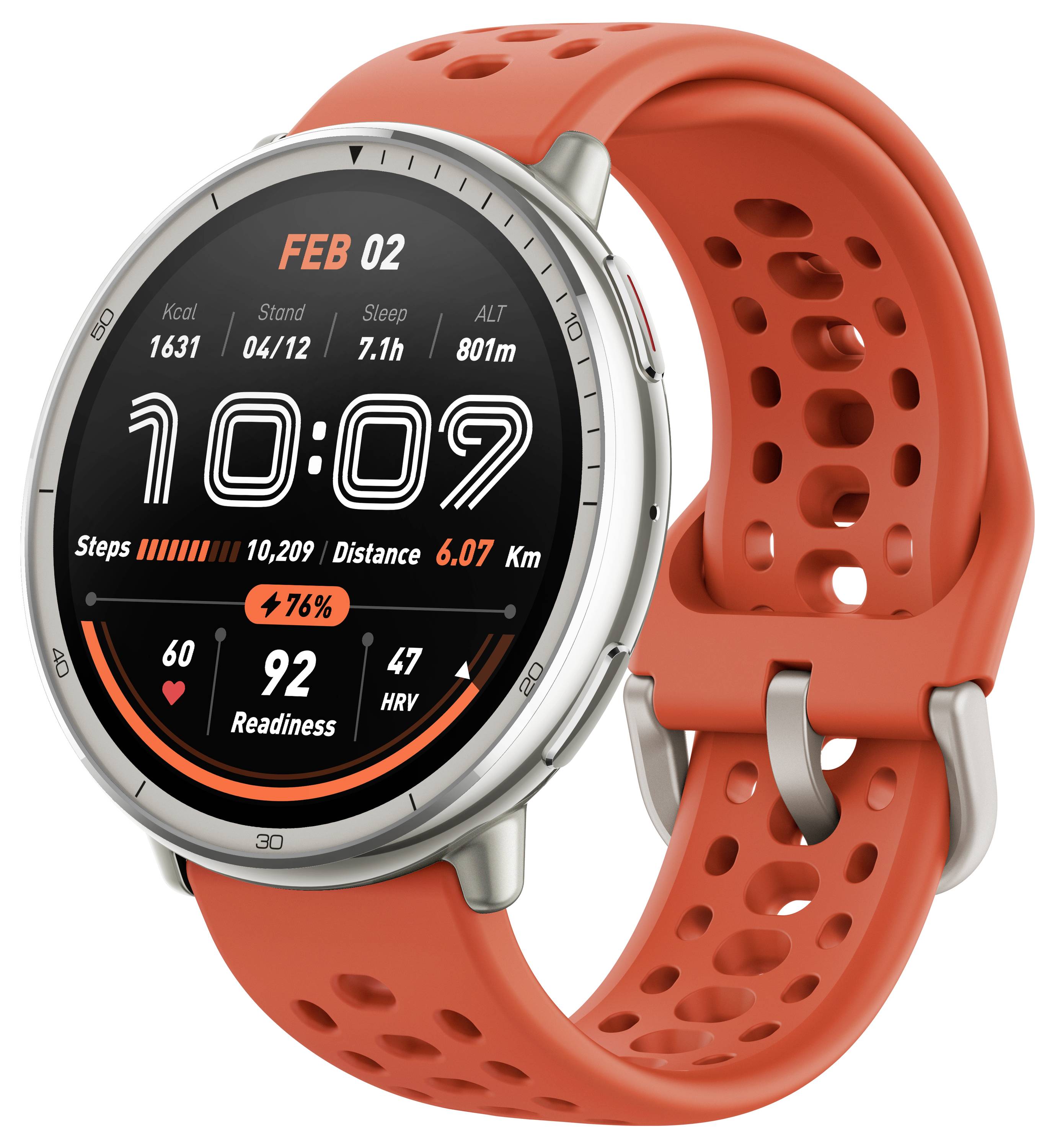 En smartwatch med ett orange band visar hälsomått: stegräknare, tillryggalagd sträcka, hjärtfrekvens, datum '02 feb' och beredskapspoäng.