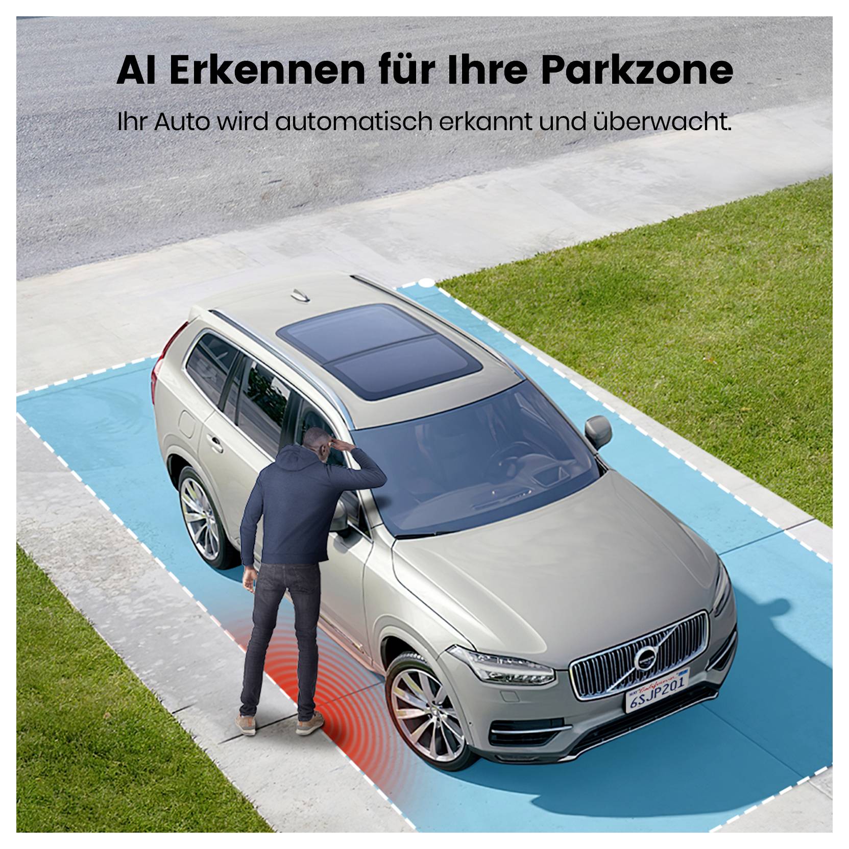 En man lutar sig mot en parkerad bil i en markerad parkeringszon. Text lyder: AI-igenkänning för er parkeringszon, er bil kommer automatiskt att identifieras och övervakas.