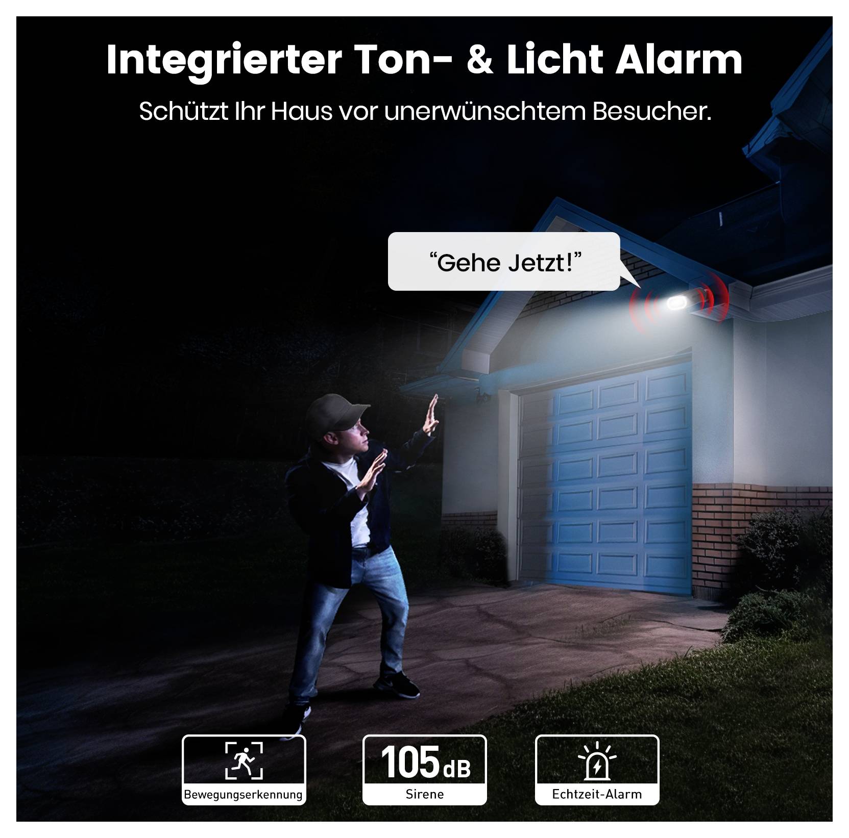 En person står förskräckt utanför ett hus på natten, vänd mot en rörelseaktiverad lampa och larm. Texten lyder "Gehe Jetzt!" för att avskräcka inkräktare.