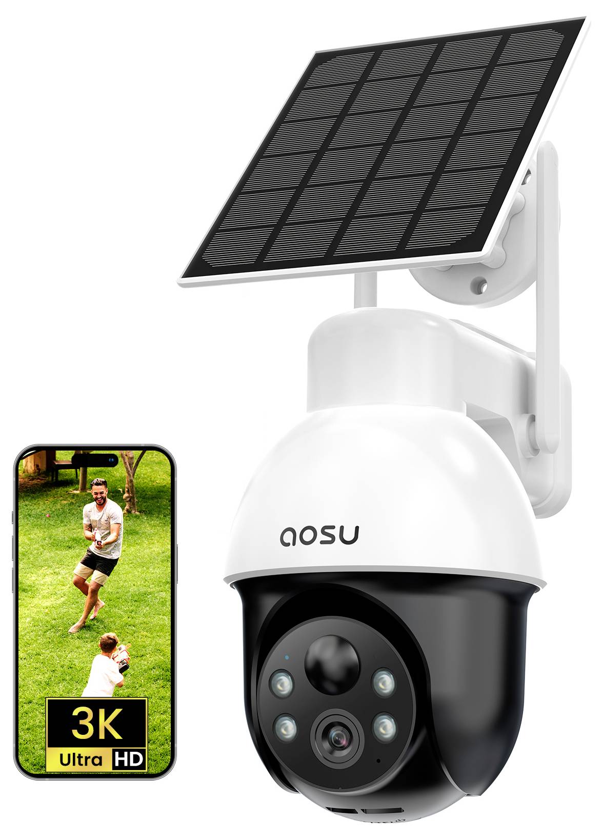 En vit säkerhetskamera med solpanelstillsats märkt 'OSU'. Bredvid den visar en smarttelefon en direktsänd videosändning i '3K Ultra HD'.