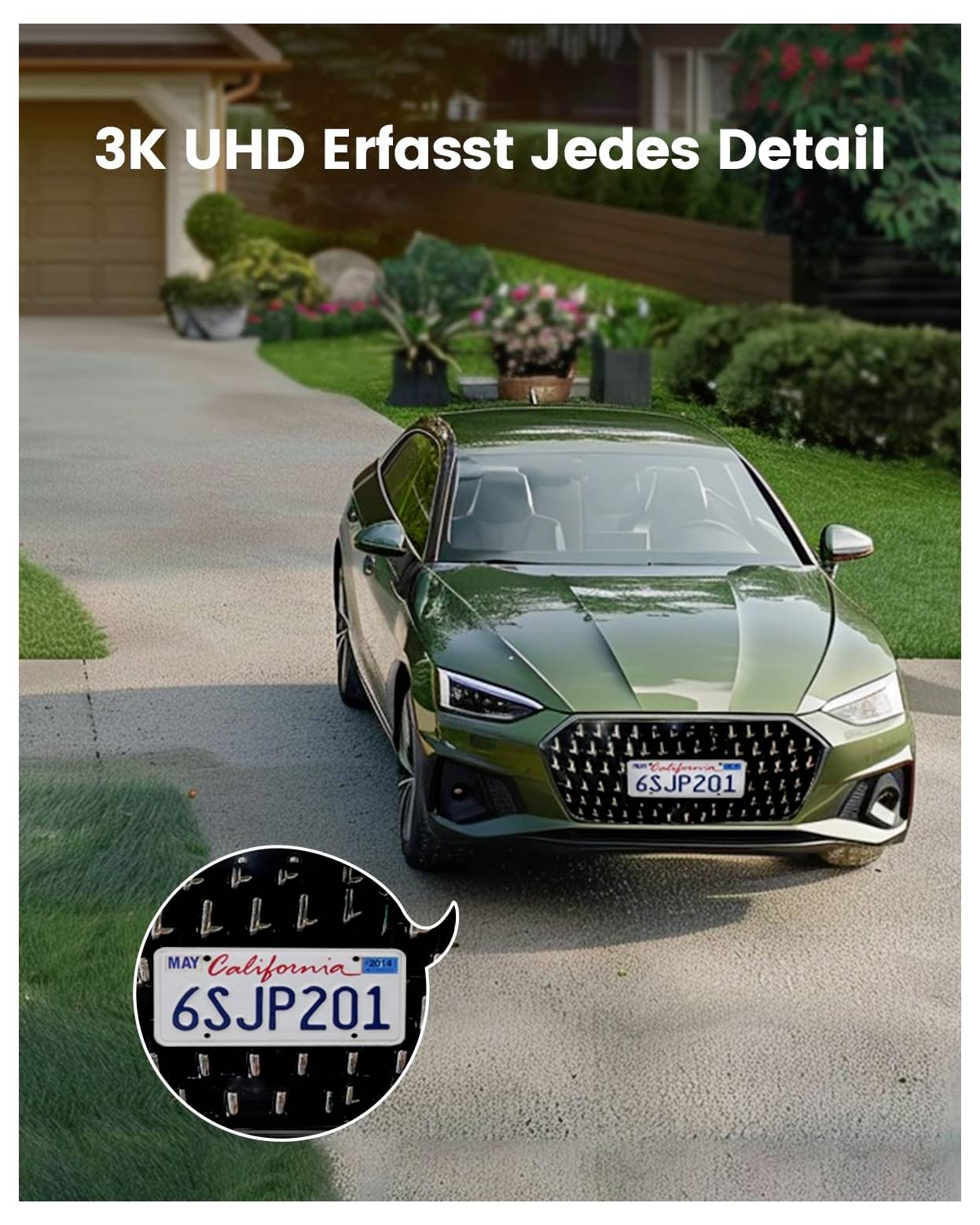 En grön bil med registreringsskylt '6SJP201' parkerad på en uppfart. Text på tyska lyder '3K UHD Erfasst Jedes Detail', vilket betyder 'fångar varje detalj'.