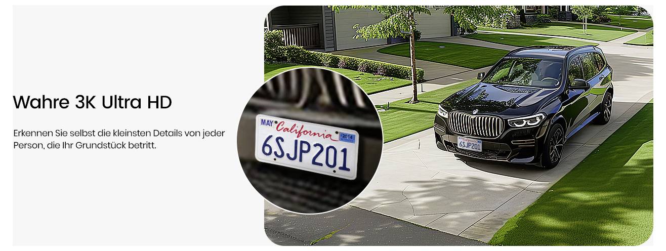 SUV på en uppfart med ett tydligt kaliforniskt registreringsskyltnummer; text beskriver 'True 3K Ultra HD' och detaljernas precision.