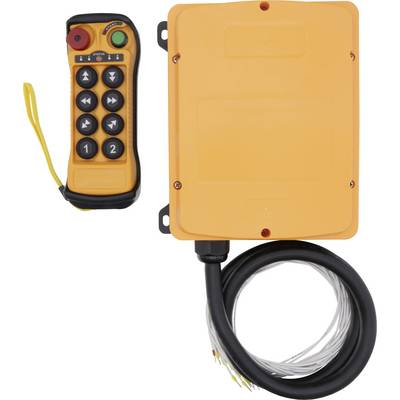 En orange industriell fjärrkontroll med knappar för spel, paus och riktningspilarna, bredvid en orange mottagare med en kabel.