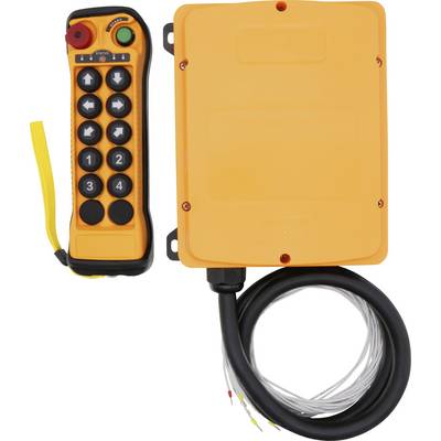 Fjärrkonroll med numrerade knappar och nödstopp, tillsammans med en orange mottagarbox och ansluten kabel för maskinerioperationer.