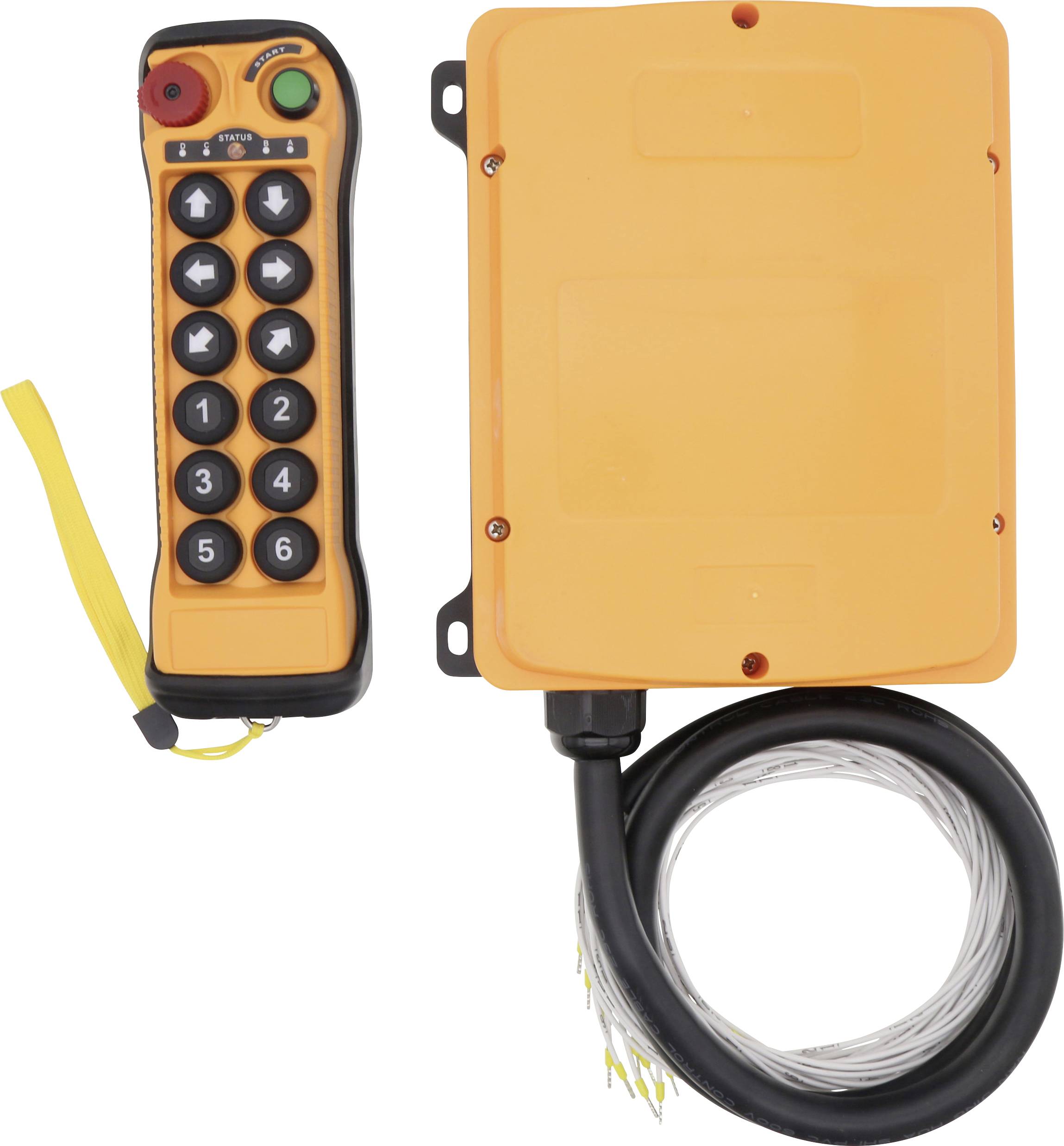 'Industriell fjärrkontrollsystem' med ett orange hölje, flera knappar och ett gult handledsband, bredvid en kabelansluten kontrollbox.