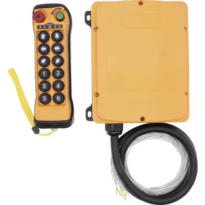 'Industriell fjärrkontrollsystem' med ett orange hölje, flera knappar och ett gult handledsband, bredvid en kabelansluten kontrollbox.
