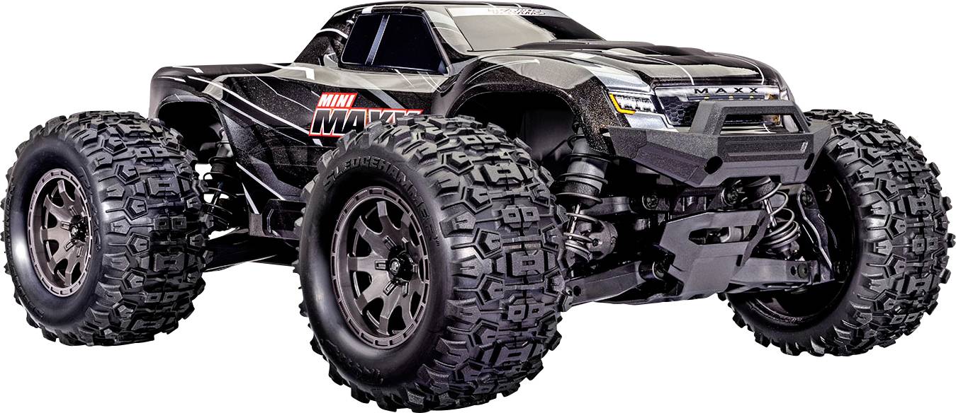 En svart minifjärrstyrd monstertruck med stora, robusta däck och en smidig, aerodynamisk design, märkt 'Mini Maxx.'