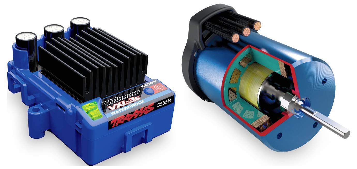 En Traxxas VXL-3s elektronisk fartregulator och en motor med ett tvärsnitt som visar interna komponenter, inklusive kabeldragning och rotor.