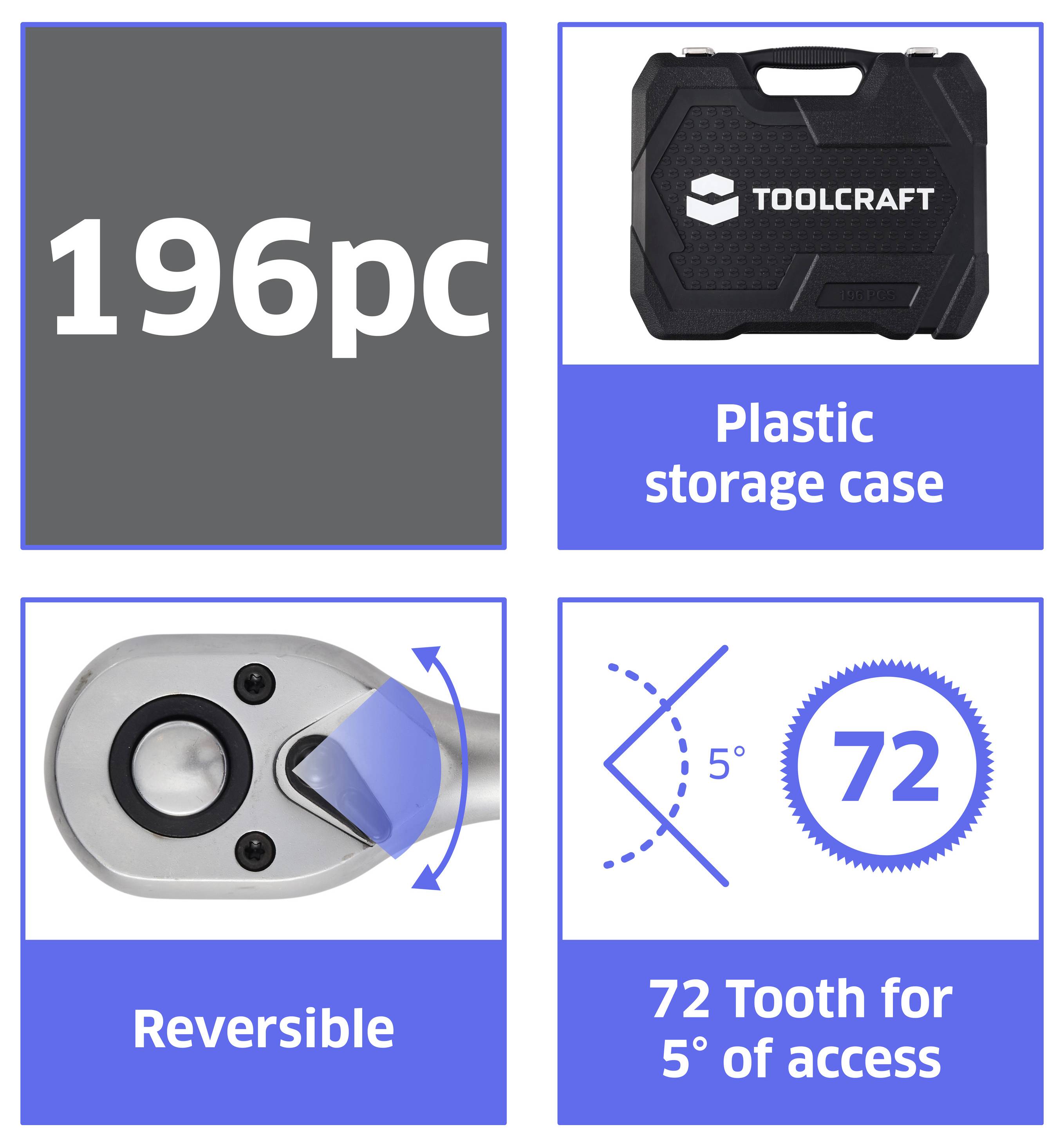 Toolcraft 196-delarsats i ett plastkylskåp, reversibel skruvnyckel, 72-tandad design med 5° åtkomst.
