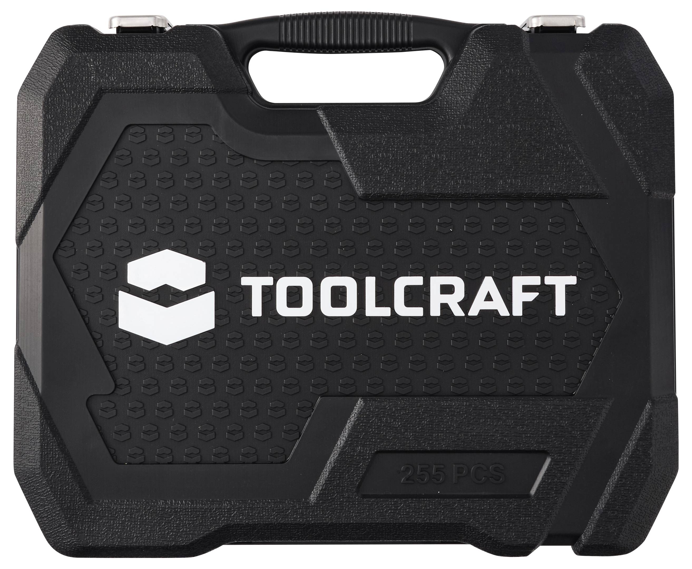 Svart Toolcraft hårt plastkoffert med handtag och silverfärgade låsbeslagar, märkt "TOOLCRAFT" och "256 PCS".
