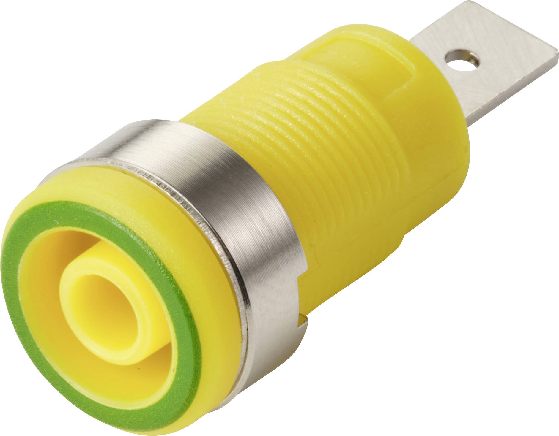 En gul banankontakt med en grön ring och metallkontakttips, används för att ansluta elektriska kablar till olika enheter och utrustning.