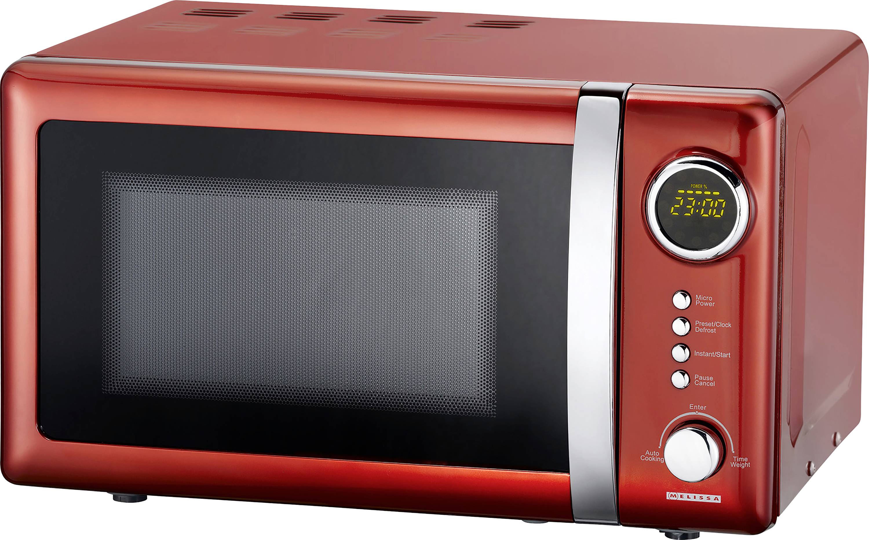 Röd mikrovågsugn med en digital display som visar '23:00', fem knappar och ett vred på höger sida.
