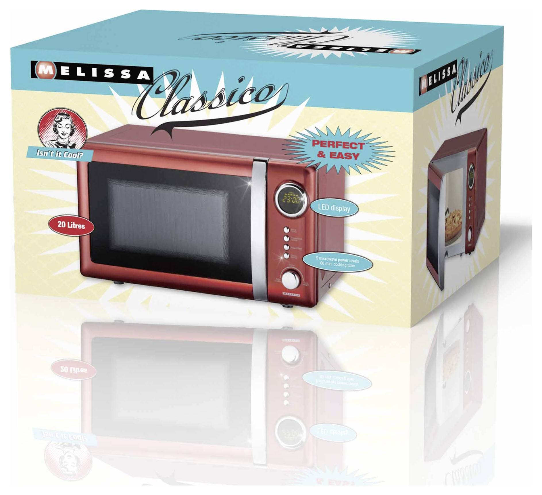 En röd mikrougnsförpackning märkt 'Melissa Classico' som framhäver funktioner som '20 liters' volym och 'LED-display'.