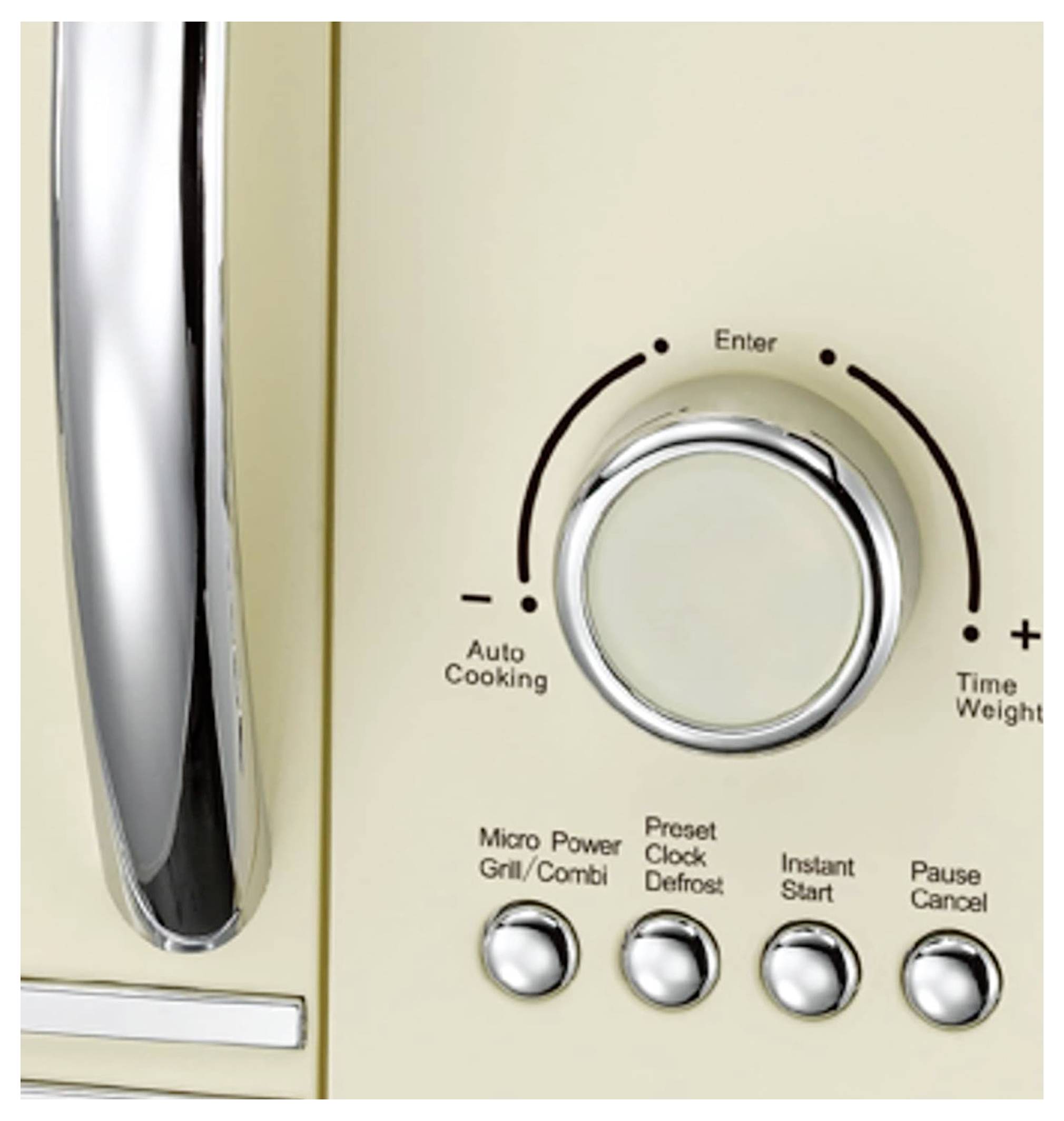 Mikrovågsugn kontrollpanel med en stor ratt för 'Auto Matlagning' och 'Tid Vikt', och knappar för 'Mikroeffekt', 'Upptining', 'Start', 'Avbryt'.