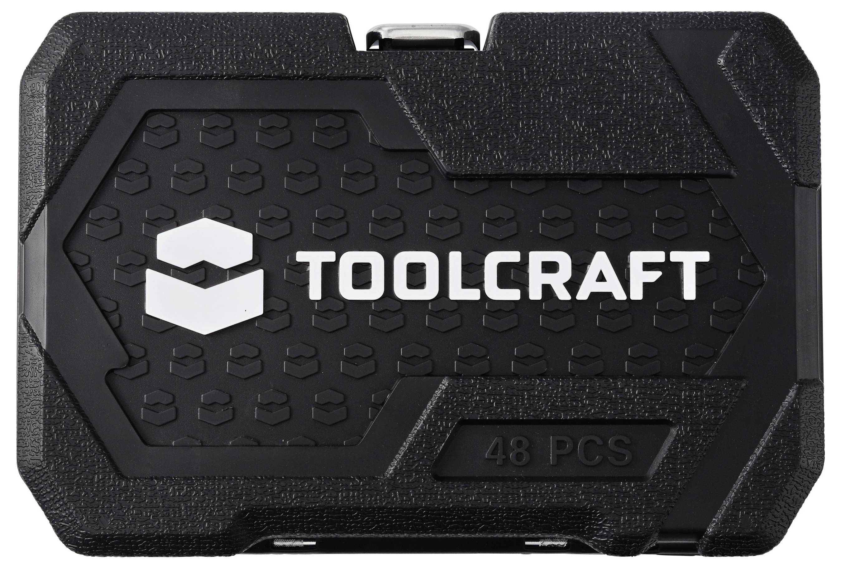 Svart Toolcraft 48-delars verktygslåda med logotyp på locket, visad stängd mot en vit bakgrund.