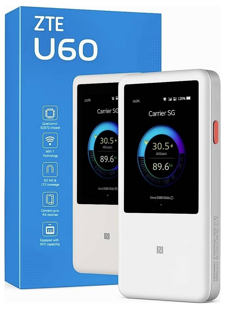 'ZTE U60' förpackning som visar en vit enhet med en digital skärm som visar signalstyrka och anslutningsindikatorer.