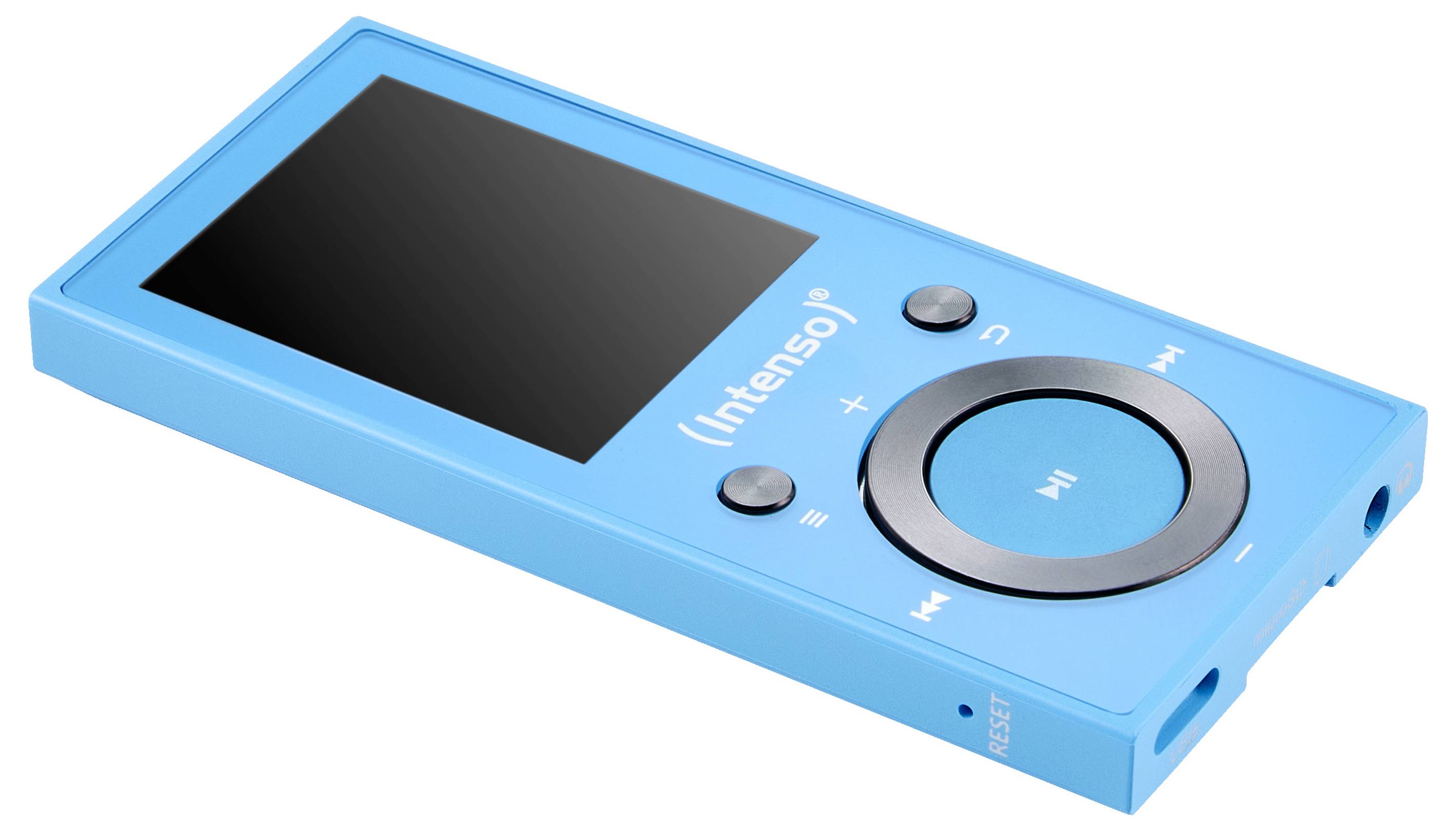 En blå bärbar mediaspelare med en skärm och cirkulära kontrollknappar för uppspelning, paus och navigering, märkt 'Intenso'.