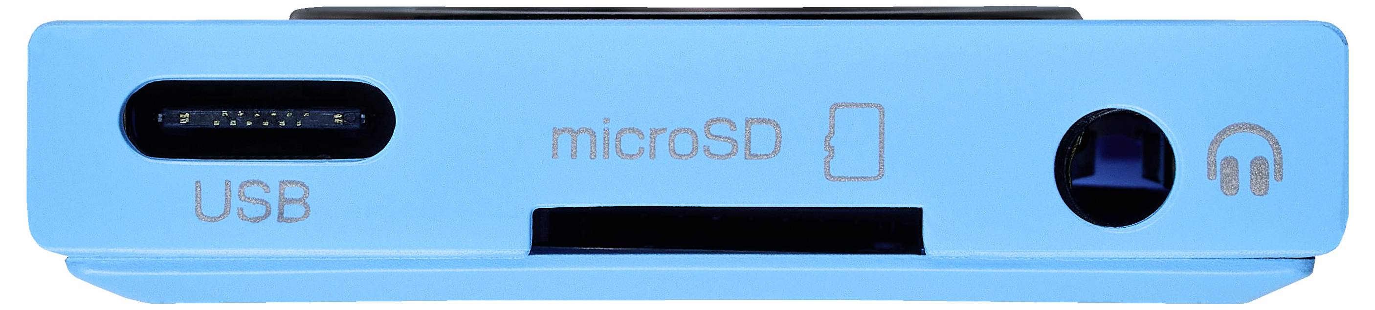 En blå enhet med en USB-port, ett microSD-kortuttag och ett hörlursuttag, som framhäver dess anslutningsalternativ.