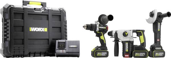 Worx Professional  WU928 Borrhammare batteri, Batteridriven vinkelslip, Slagborrmaskin batteri  20 V 5 Ah Li-Ion inkl. 2x batterier, inkl. laddare, Inkl. förvaringslåda