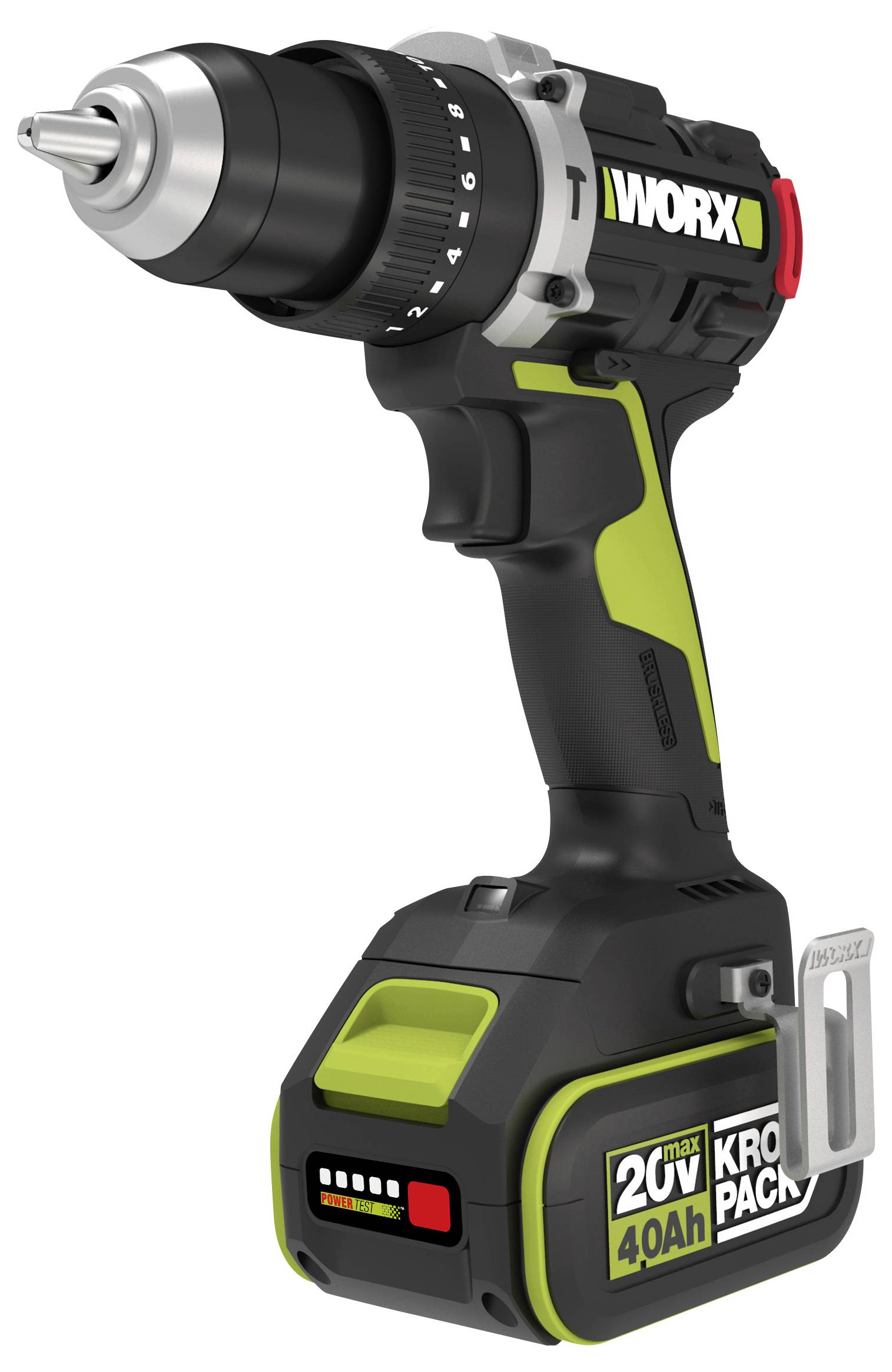 En sladdlös borrmaskin med grön och svart design, utrustad med ett 20V-batteri och märkt "Worx 20V Max 4.0Ah Kropa."