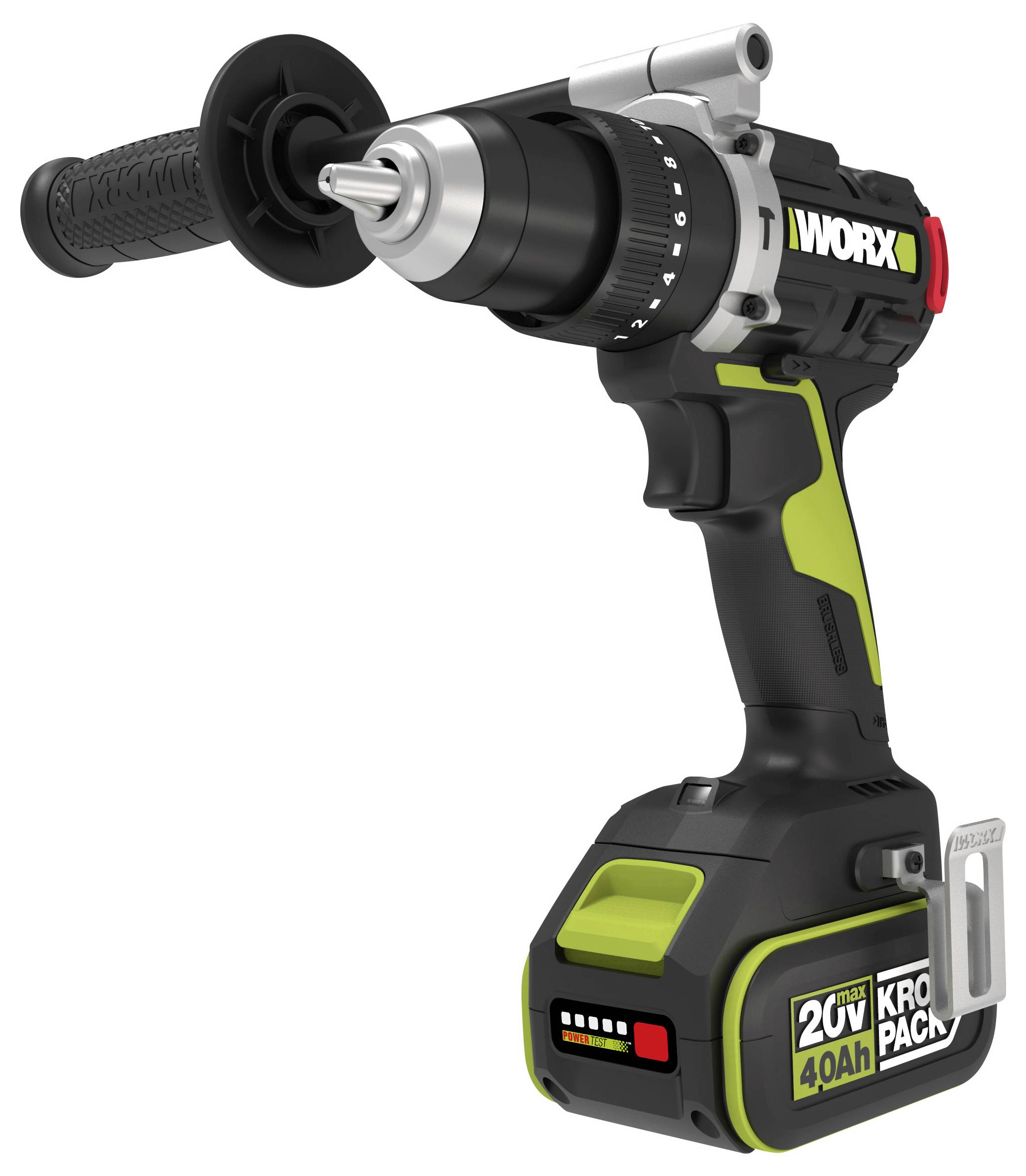 En trådlös borr med svart och grön design, utrustad med ett 20V-batteri, grepp och borrbits, lämplig för DIY-projekt.