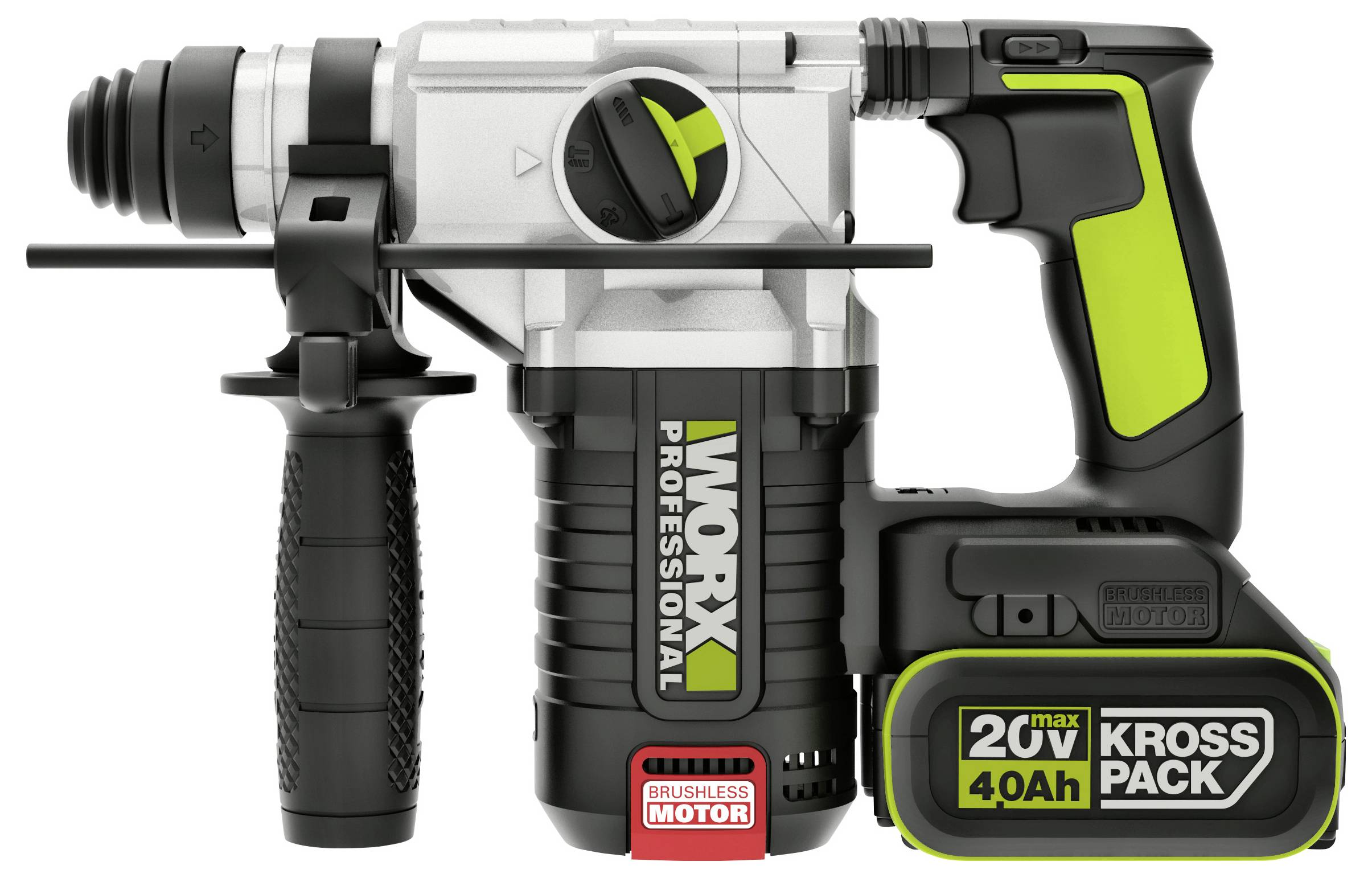 En professionell trådlös borrhammare med ett 20V 4,0Ah Kross Pack-batteri, utrustad med en borstlös motor och ergonomisk design.