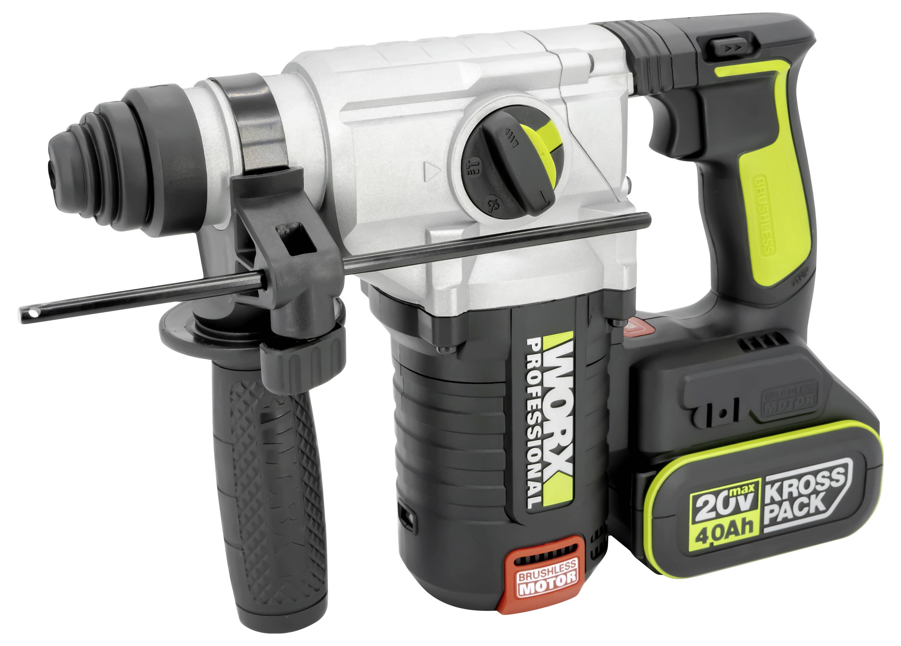 En Worx-borr av professionell kvalitet med trådlös rotörslagnyckel, 20V-batteri, ergonomisk grepp och variabel hastighetsreglering för tung arbetsinsats.