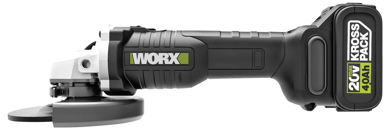En trådlös vinkelslipar märkt "Worx 20V Kross Pack 4.0Ah", som visar en kompakt, ergonomisk design med ett sidohandtag för enkel hantering.