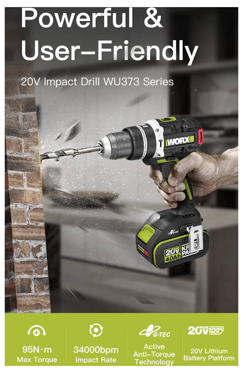 WORX 20V Slagborrmaskin WU373 i bruk. Funktioner: 95 Nm max vridmoment, 34000 slag per minut slagfrekvens, aktiv anti-vridmoment-teknologi, 20V litiumackumulator.