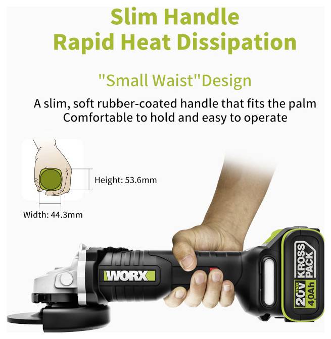 Bilden visar en hand som håller ett WORX 20V elverktyg med en "Slim Handle Rapid Heat Dissipation"-design. Texten framhäver dimensioner: Höjd 53,6 mm, Bredd 44,3 mm, vilket betonar komfort och användarvänlighet.
