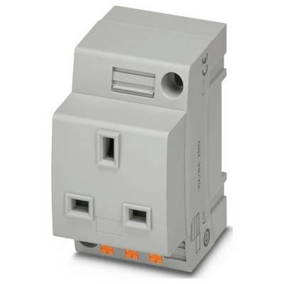 En elektrisk kopplingsenhet med två uttag, robust grå hölje, orange terminalblock och tryckt spänningsspecifikation.