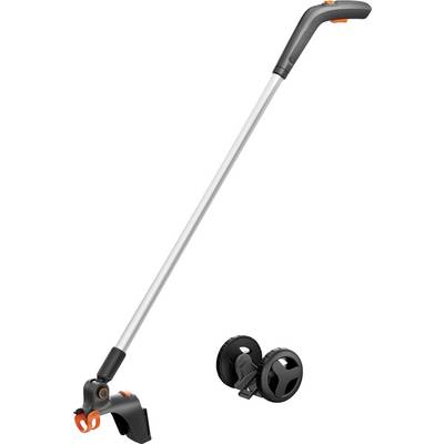 Elektrisk grästrimmer med långt skaft och avtagbart hjul för trädgårdsunderhåll. Svart och orange design.