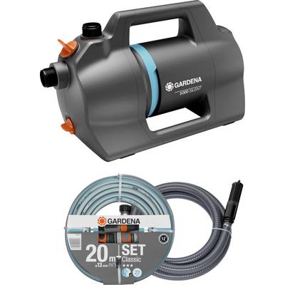 Gardena bevattningspumpsats med 5000/5 ELM-pump och 20 m slang. Perfekt för hus- och trädgårdsanvändning. Grått och blått design.