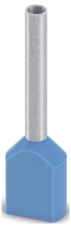 En blå isolerad ändhuva med en lång, cylindrisk metallledare som sticker ut från dess topp.
