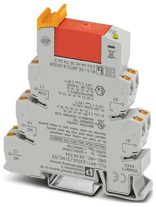 'Phoenix Contact relä-modul med orange spak' - en kompakt relä-modul för industriell automatisering med flera anslutningsportar.