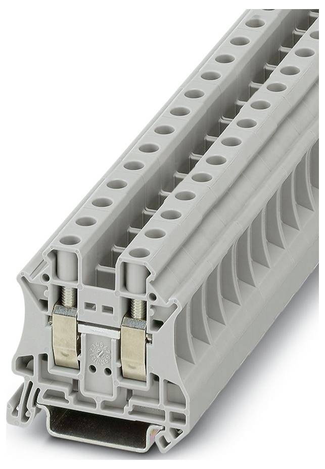 'Närbild av ett grått modulärt terminalblock med flera anslutningspunkter, utformat för elektrisk ledningsinstallation och kretshantering.'
