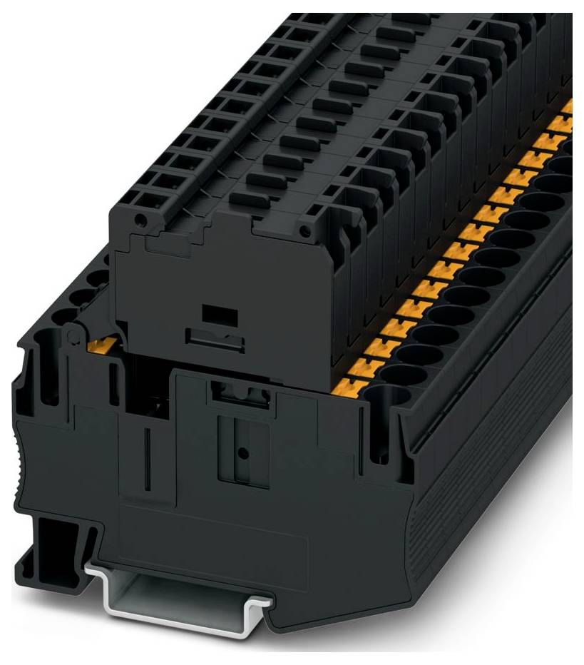 En stapel modulära industrikomponenter med svart hölje, innehållande flera orange kontakter, utformade för elektriska tillämpningar.