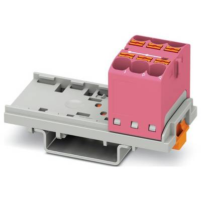 En rosa och grå elektrisk kontakt med sex platser och orange spak, monterad på en grå bas, används för säkra trådanslutningar.