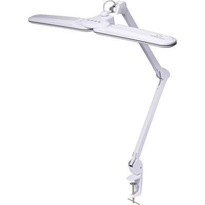 En vit justerbar skrivbordslampa med dubbla LED-ljuspaneler, monterad på en flexibel arm med en klämma för fästing på ytor.