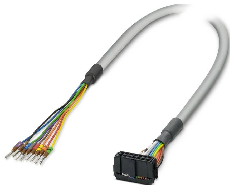 En datorkabel med en svart kontakt och flera färgade ledningar som sträcker sig från ena änden, utformad för att ansluta interna komponenter.
