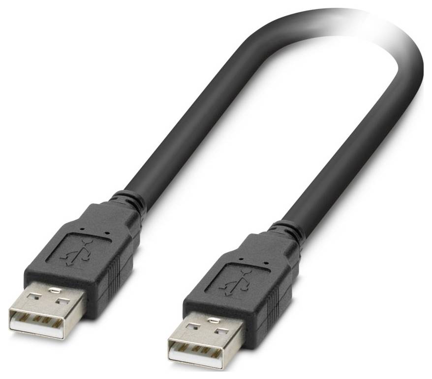 En svart USB-kabel med standardiserade Type-A-kontakter i båda ändarna.
