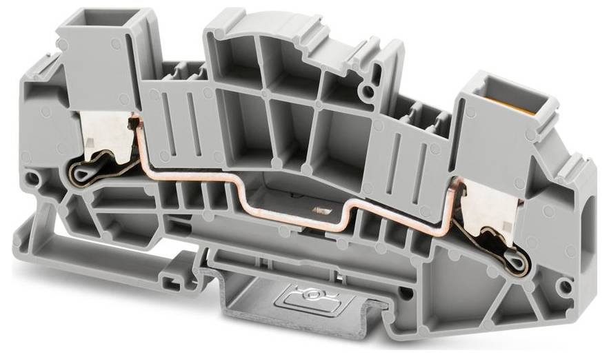 En grå elektrisk klemmleiste med en kopparförbindningslist, använd för ledningar och kretsanslutning, visad på en vit bakgrund.