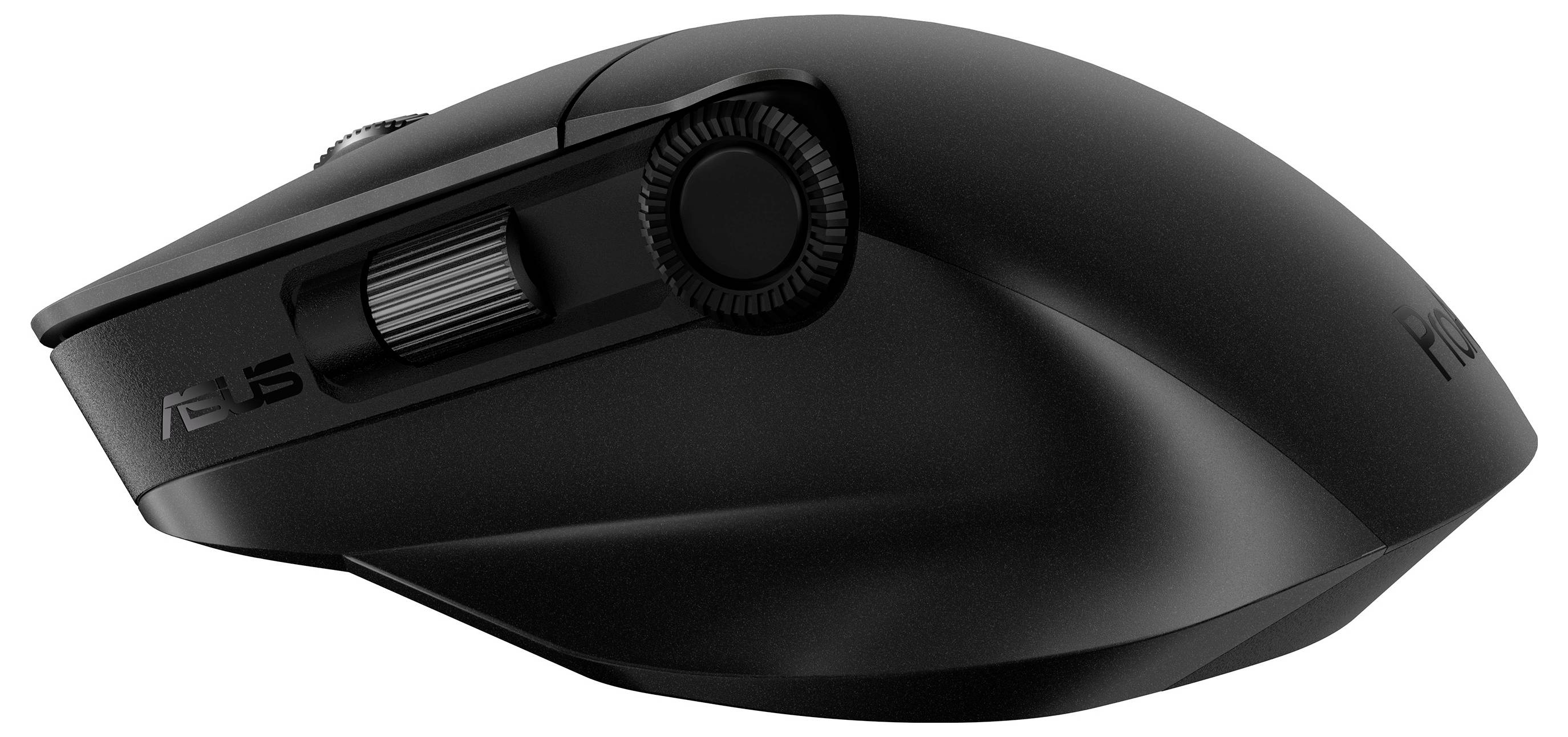 En smidig, svart trådlös datormus med en sidomonterad scrollhjul, ergonomisk design och synlig varumärkeslogotyp, som visar upp modern teknik.