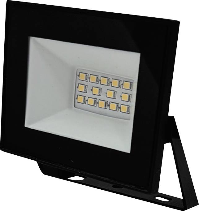 LED-strålkastare i ett svart hölje, utrustad med ett vitt reflekterande invändigt utrymme som rymmer flera LED-enheter för bred belysning.