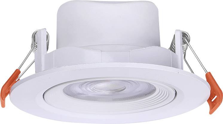 En närbild av ett runt LED-infällt takljus med vit kant och två metallfjäderclips för montering, med en lins i centrum.