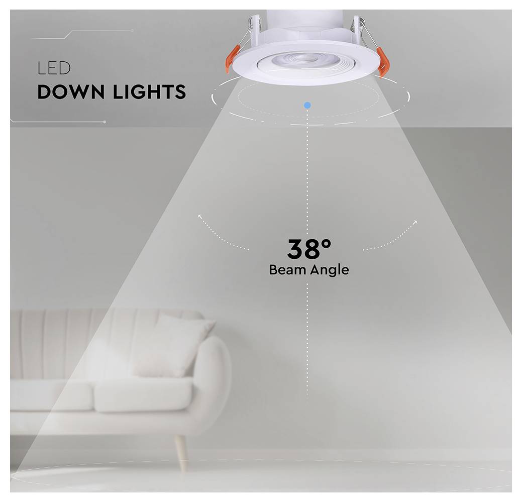 En modern LED-downlight med en 38-graders strålningsvinkel lyser upp ett ljusgrått rum med en vit soffa. Text lyder 'LED-downlights'.