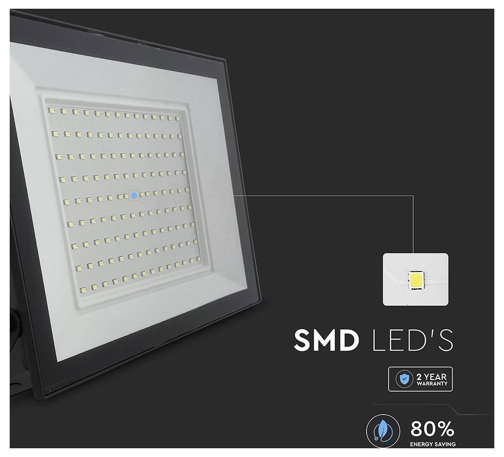SMD LED-lampa med enhetlig rutnät av dioder; '2 års garanti'-märke; ikon som visar '80% energibesparing'.