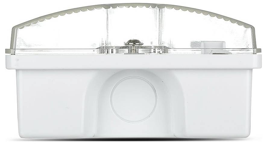 En vit, rektangulär utomhuselektrisk kapsling med ett genomskinligt, böjt lock, utrustad med en cirkulär fördjupning på framsidan.